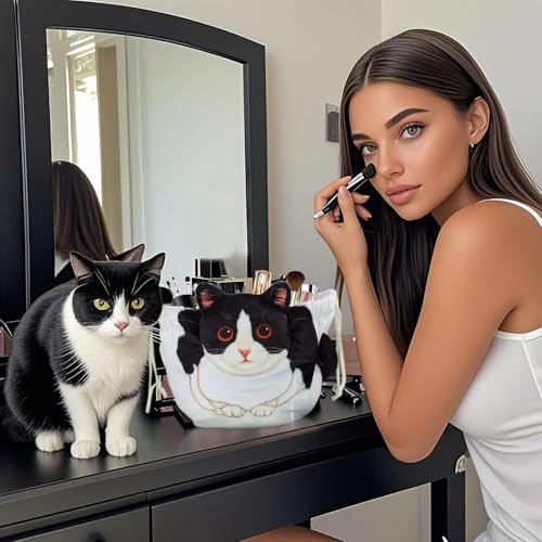 Drawstring Makeup Bag, Cat Makeup Bag, Travel Makeup Organizer, Cosmetic Pouch Bag, Cat Gift for Women, Lay Flat Makeup Bag Gifts for Cat Lovers - color: White and Black Cat