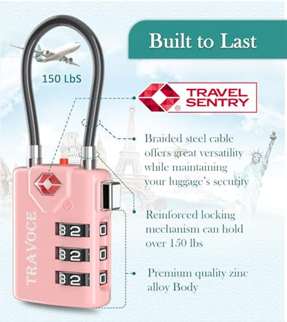 TRAVOCE TSA Approved Luggage Locks, Combination Cable Locks, 2 Pack, Pink - color: Pink 2 Pack