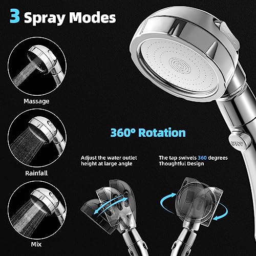 Marbrasse High Pressure Shower Head, 3-Settings Handheld Showerhead with ON/Off Full Shutoff Push Button and Switch to Control Flow, Angle-Adjustable Water Saving Body Sprays(Chrome) - color: Chrome, 1Pack