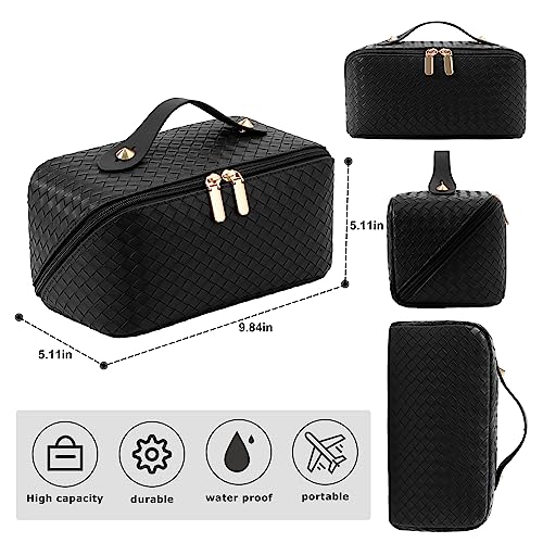 ALEXTINA Travel Makeup Bag, Woven PU Leather Cosmetic Bag, Black - color: black woven, size: Medium