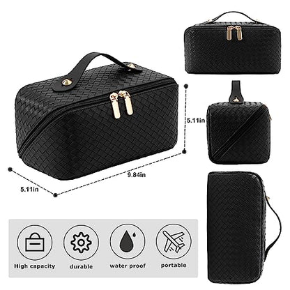 ALEXTINA Travel Makeup Bag, Woven PU Leather Cosmetic Bag, Black - color: black woven, size: Medium