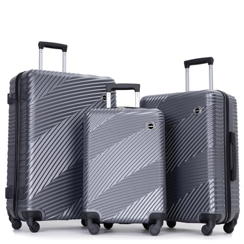 Tripcomp Luggage Sets Wear-Resistance Hardside Lightweight Suitcase Double Spinner Wheels, TSA Lock,Two Hooks, Scratch-resistant Carry-on,3 Piece Set(20inch 24inch 28inch) (Gray) - color: Gray-1, size: 3 piece set