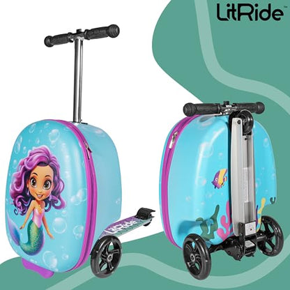 Kids Ride-On Scooter Suitcase, Carry-On Luggage, Ages 4+ - style: Mermaid