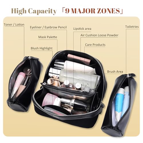 BOYATU Genuine Leather Travel Makeup Bag: Hand-made 3 Pcs Set Cosmetic Bags - color: 07Black