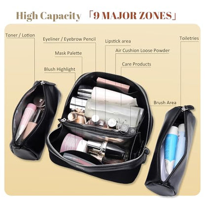 BOYATU Genuine Leather Travel Makeup Bag: Hand-made 3 Pcs Set Cosmetic Bags - color: 07Black