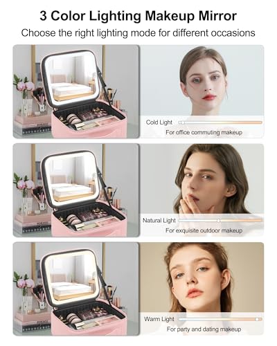 Chomeiu Travel Makeup Bag with LED Mirror, Cosmetic Bag with Handle, Pink - color: 01-Pink, size: A-Small