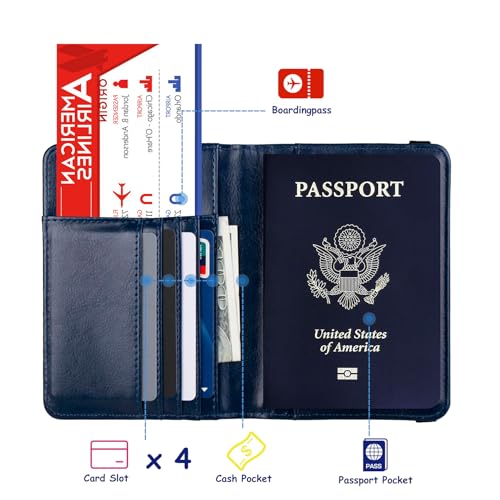 TOURSUIT RFID Blocking Passport Holder, Leather Travel Wallet, Dark Blue - color: Dark Blue