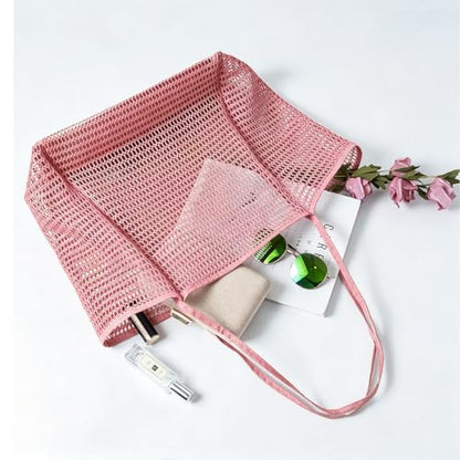 Large Beach Bags for Women, Mesh Beach Tote with Zipper, Foldable Pool Tote Bag Travel Beachbag Waterproof Sandproof - color: Pink
