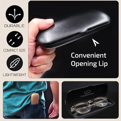 MyEyeglassCase Men Small Glasses case - Eyeglasses Hard Shell Holder Pouch & Cloth-Reading Slim & Narrow Case Heavy Duty - color: Black Classic