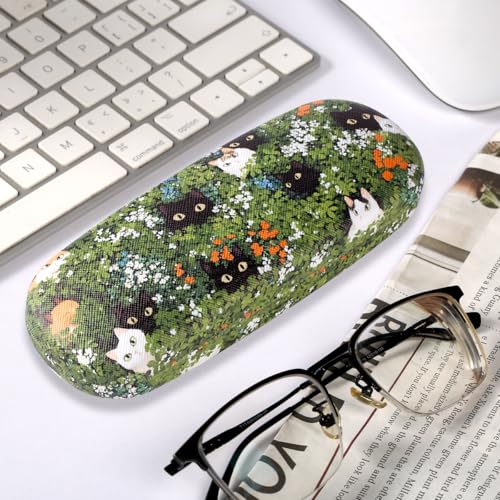PERFECTSIGHT Hard Shell Eyeglasses Case, PU Leather Protective Glasses Case, Cute Eyeglass Case for Women Men Girls - color: Green Cats
