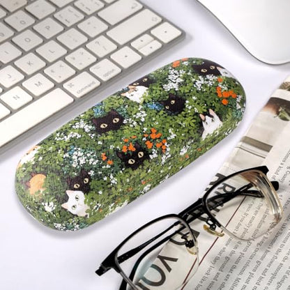 PERFECTSIGHT Hard Shell Eyeglasses Case, PU Leather Protective Glasses Case, Cute Eyeglass Case for Women Men Girls - color: Green Cats