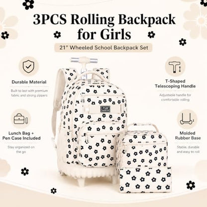 UFNDC 3PCS Wheeled Backpack for Girls, Women Beige Plum Blossom Roller Backpacks with Wheels, Water-Resistant Travel Rolling Bookbag - color: Rolling Backpack Set Plum Blossom Beige