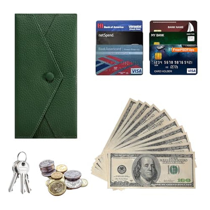 XEYOU Envelope Card Wallet for Women Genuine Leather Cash Wallet Slim Credit Card Case with Zip Coin Pocket - color: Green