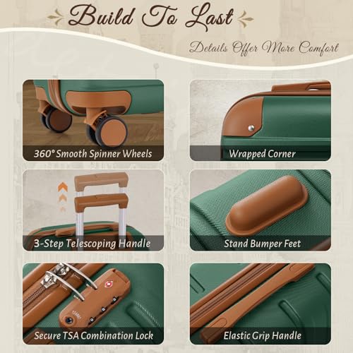 TAKUMI Luggage Sets, Hardside Suitcases with Wheels, Green Brown, 3 Piece - color: GREEN BROWN, size: 3 Piece Set(DB)