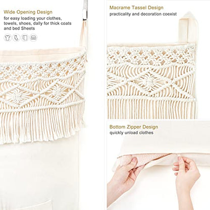 Mkono Macrame Over The Door Laundry Hamper, Hanging Laundry Bag with Zipper - size: 18.5" x 27.5"