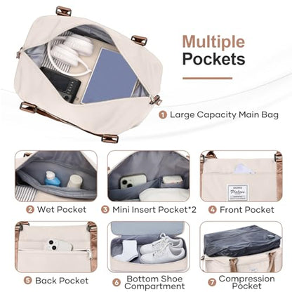 Weekender Bags for Women, Personal Item Travel Bag with Shoes Compartment - color: A-Beige & Brown with Air Pump, size: Large