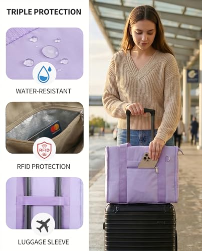 Work Tote Bag for Women, Lightweight Puffer Tote Crossbody with Zipper - color: Purple