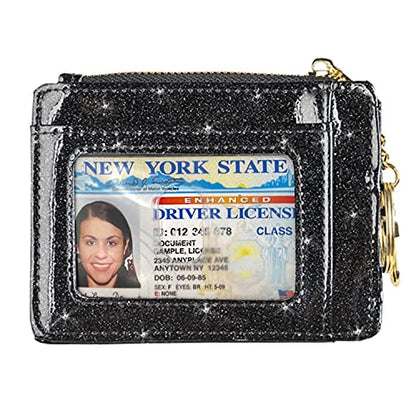 woogwin Slim RFID Credit Card Holder for Women Mini Front Pocket Wallet Purse With Keychain - color: Glitter Black
