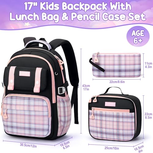 Fimibuke Kids Backpack for Girls, 3 PCS School Backpack with Lunch Box Set - color: C3.pink & Black Plaid
