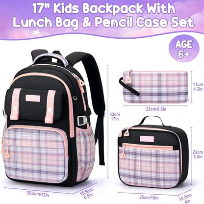 Fimibuke Kids Backpack for Girls, 3 PCS School Backpack with Lunch Box Set - color: C3.pink & Black Plaid