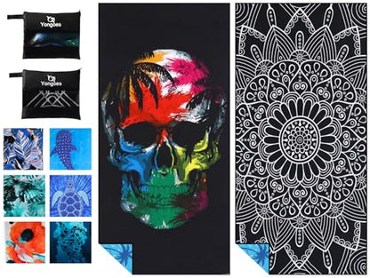 Yongoes 2 Pack Microfiber Beach Towels Oversized 71x32 Black Skull Mandala - color: 2 Pack Black Mandala Skull