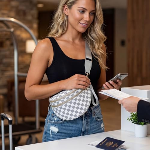 Checkered Crossbody Bags for Women Large Belt Bum Bag Nylon Fanny Packs with Adjustable Strap(Gray Checkered) - color: Gray Checkered