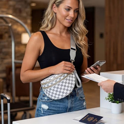 Checkered Crossbody Bags for Women Large Belt Bum Bag Nylon Fanny Packs with Adjustable Strap(Gray Checkered) - color: Gray Checkered