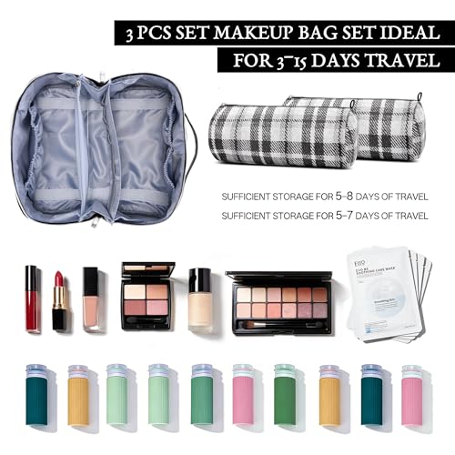 BOYATU Travel Makeup Bag for Women: 3 Pcs Set Scottish Plaid Make up Bag - color: E-1-Black