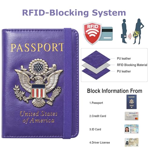 Premium Passport Holder for Travel RFID Blocking Passport Cover Slim - color: Purple