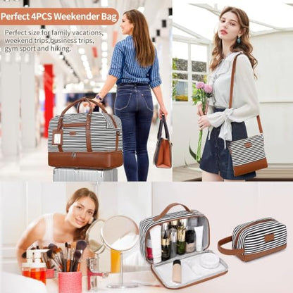 4PCS Weekender Bags for Women Large Overnight Weekend Travel Duffel Bags - color: Black White Stripe