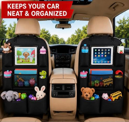 Car Backseat Organizer with Tablet Holder, Multi-Pocket Storage, Kick Mat Seat Protector for SUV, Truck