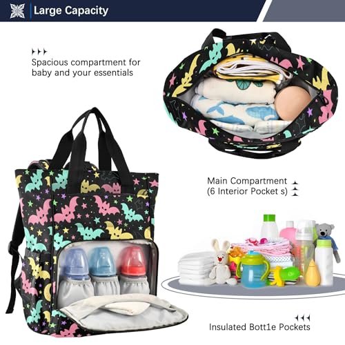 MNSRUU Diaper Bag Bats and Moon Large Capacity Changing Backpack Multifunction Travel Tote Nappy Bag Baby Diaper Backpack for Mom Dad - color: Bats A10797