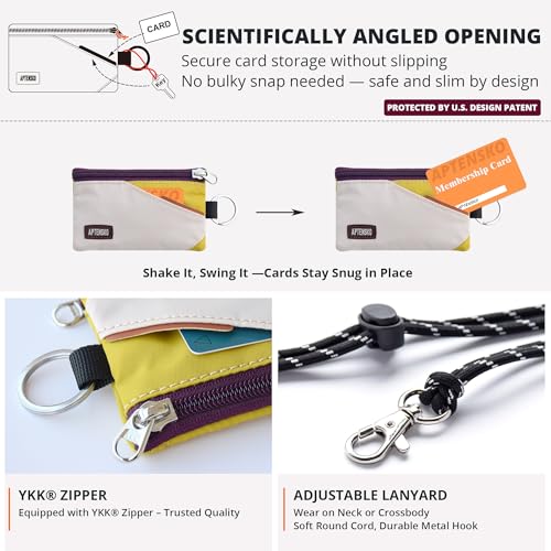 RFID 차단 여행용 지갑, 조절 가능한 랜야드 포함, 작은 나일론 지퍼 파우치 및 신분증, 신용 카드, 현금, 열쇠, 통근자용 배지 홀더, 아몬드+다크옐로우, 끈이 달린 RFID 차단 여행용 지갑 - color: 아몬드+다크옐로우