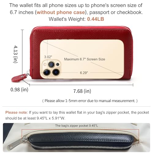 Moflycom Womens Wallet RFID Blocking Genuine Leather Zip Clutch Wristlet - color: Deep Red