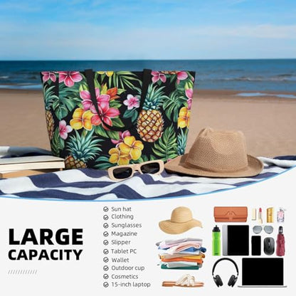 Beach Tote Bag for Women Foldable Waterproof and Sandproof Tote Bag with Zipper Print Beach Bag Large Travel Bag - color: Pineapple