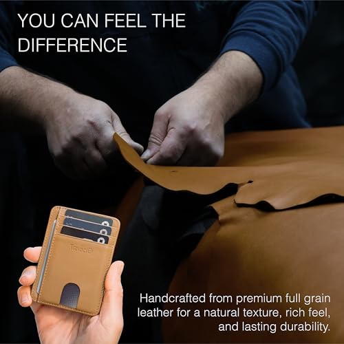 Full Grain Leather Slim Wallet for Men and Women - Small Minimalist Wallet and Leather Card Holder - Thin Front Pocket Credit Card Holder - Camel - color: Tan