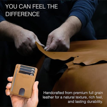 Full Grain Leather Slim Wallet for Men and Women - Small Minimalist Wallet and Leather Card Holder - Thin Front Pocket Credit Card Holder - Camel - color: Tan