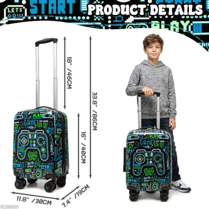 4 Piece Kid's Luggage Set 16" Hardside Luggage with Spinner Wheels Boys Carry on Toddler Travel Rolling Suitcase Airline Approved - color: Black Game Controller