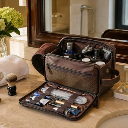 Polare Toiletry Bag Full Grain Leather Shaving Kit Dopp Kit Travel Case Wash Bag with YKK Zippers - color: A-Dark Brown