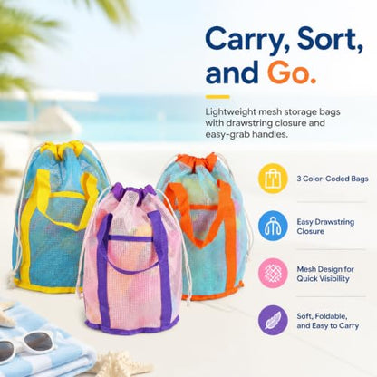 3PCS Mesh Beach Bag, Foldable Toy Storage Bag | Large Capacity Sea Shell Bags for Beach, Portable Pool Toy Bag with Drawstring and Strap, Beach Vacation Essentials for Kids - size: 3P-SEABAG