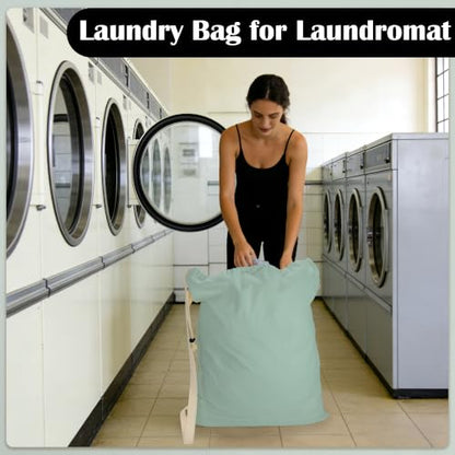 Canvas Laundry Bag with Shoulder Strap & Drawstring, 23"W x 29"H, MintGreen - color: Mint Green