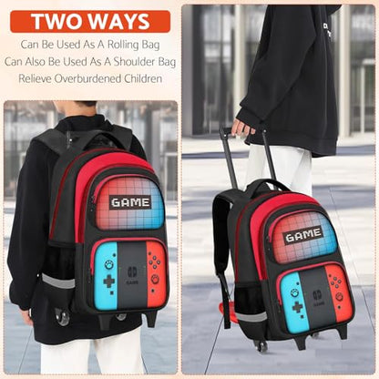 TILYTADLY Boys Rolling Backpack for Kids - Gamer Kids Rolling Backpack with Wheels for Elementary Middle School - Roller School Bookbag,HFHTDC Wheeled Travel Bag for Boys Aged 6-18 - color: 2c-red-blue-backpack Only