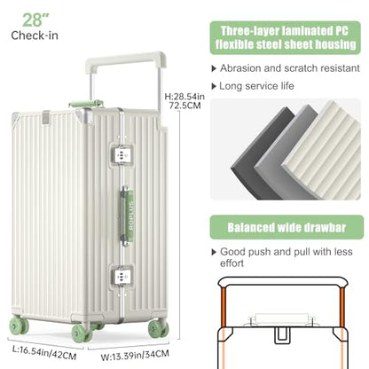 ROPLUS Aluminium Frame Checked-Luggage with Smooth Jelly Wheels, Hardside Zipperless Rolling Suitcase with TSA Lock (WhiteGreen, 28-Inch) - color: White& Green, size: 28 inch
