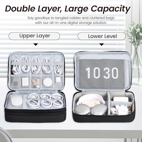 Electronic Organizer Travel Case, Double Layer Cable Organizer Bag - color: black