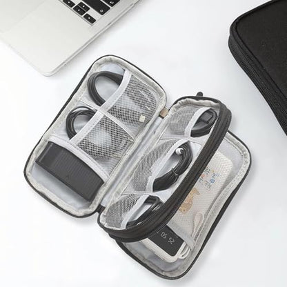 Travel Organizer Pouch, Waterproof Double Layer Electronics Accessory Carry Bag, Compact Storage for Chargers, Cords, Earphones (Black)