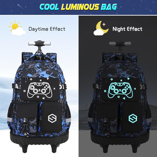 Scothen Cool Luminous Rolling Backpack for Boys with Lunch Bag Pencil Pouch - color: Blue