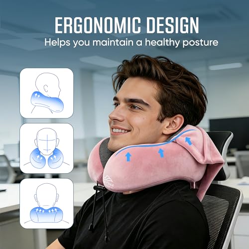 SkytraxComf® Travel Neck Pillow with Hood for Privacy on Long Flights - color: Pink