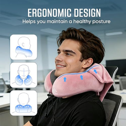 SkytraxComf® Travel Neck Pillow with Hood for Privacy on Long Flights - color: Pink