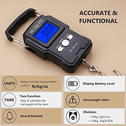 NUTRI FIT Luggage Scale Digital Suitcase Weighing Fish Portable for Travel - color: Jet Black