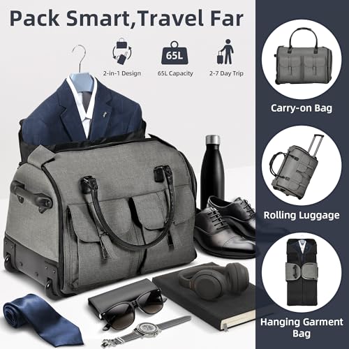 Garment Bags for Travel, 2-in-1 Convertible Rolling Duffle Bag with Wheels, Modern Carry-on Travel Bag for Suits, Foldable Suit Bag, Telescopic Handle, Hanging Hook - color: Modern Grey